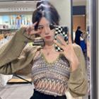 Long-sleeve Shawl / Sleeveless V-neck Pattern Camisole Top