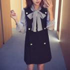 Set: Tie-neck Long-sleeve Blouse + Double-breasted Pinafore Dress