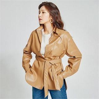 Deep-slit Faux-leather Jacket With Sash