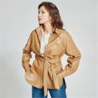 Deep-slit Faux-leather Jacket With Sash