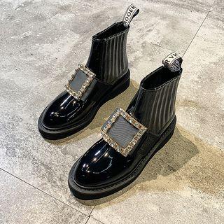 Patent Rhinestone Buckled Embroidered Short Boots