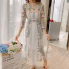 Set: Floral Embroidered 3/4-sleeve A-line Midi Dress + Strappy Dress