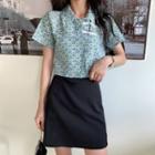 Short-sleeve Print Frog Button Top / Plain A-line Skirt