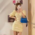 Puff-sleeve Ruched Mini Sheath Dress Yellow - One Size