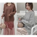 V-neck Sweater / Panel Midi Skirt / Lace Top