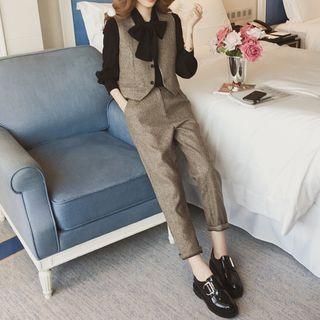 Set: Tie-neck Blouse + Single-breasted Vest + Cropped Straight-fit Pants