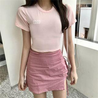 Set: Short-sleeve Cropped T-shirt + Plaid Drawstring Pencil Skirt