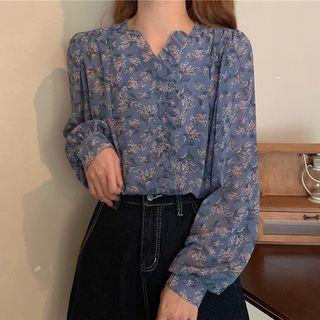 Lantern-sleeve Ruffle Trim Floral Blouse