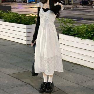Off-shoulder Shirred T-shirt / Floral Embroidered Midi Overall Dress
