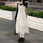 Off-shoulder Shirred T-shirt / Floral Embroidered Midi Overall Dress