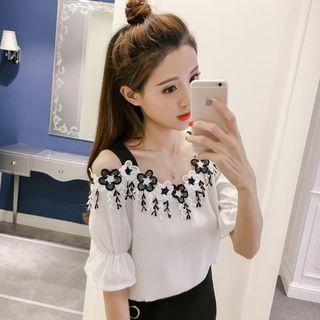 Crochet Trim Off-shoulder Short-sleeve Chiffon Top