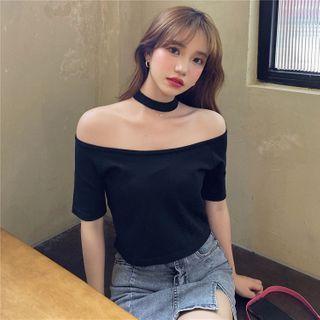 Plain Off-shoulder Short-sleeve Halter Top Black - One Size