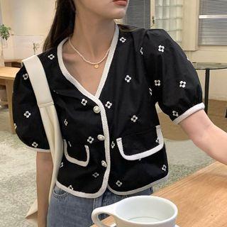 Short-sleeve V-neck Blouse Black - One Size