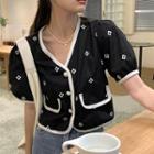 Short-sleeve V-neck Blouse Black - One Size