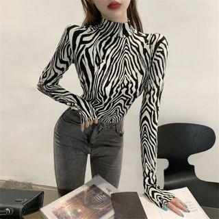 Long-sleeve Zebra Print Mock Neck T-shirt Zebra - One Size