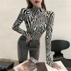 Long-sleeve Zebra Print Mock Neck T-shirt Zebra - One Size