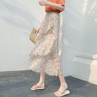High Waist Print Layered Midi A-line Skirt