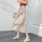 High Waist Print Layered Midi A-line Skirt