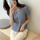 Lace-trim Patch-pocket Checked Blouse