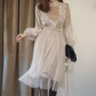 Balloon-sleeve Belted Velvet Tulle Dress Beige - One Size