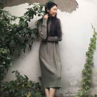 Mock Neck Ribbed Knit Midi Dress