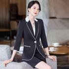 Elbow-sleeve Contrast Trim Blazer / Straight Leg Pants / Pencil Skirt