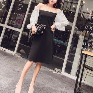 Off-shoulder Contrast-trim A-line Dress