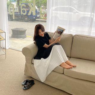 Drawstring-waist Pleated Color-block Dress