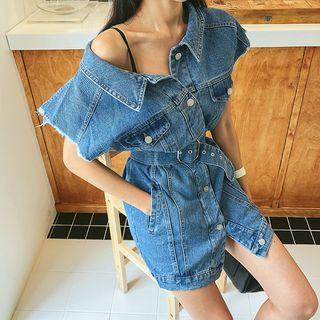 Frayed Belted Denim Mini Shirtdress