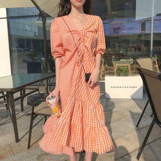 Elbow-sleeve Gingham Paneled Drawstring Midi Dress