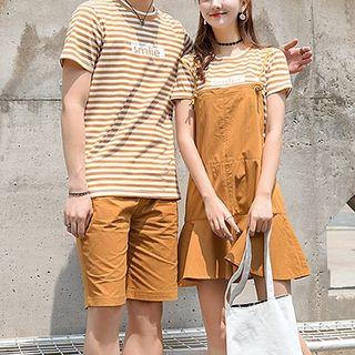 Short-sleeve Striped Couple Matching T-shirt / Pinafore Dress / Shorts