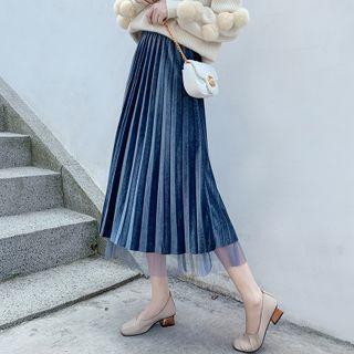 Pleated Plain Mesh Midi Skirt