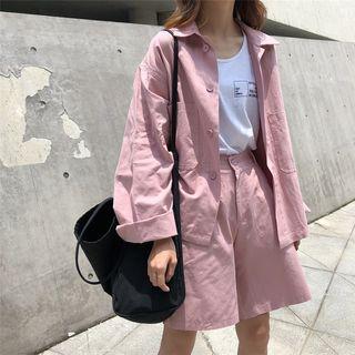 Set: Plain Single-breasted Jacket + Wide-leg Shorts