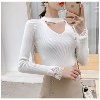 Key-hole Front Lace Trim Knit Top