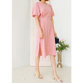 Puff Short-sleeve Tie-waist Cotton Long Dress