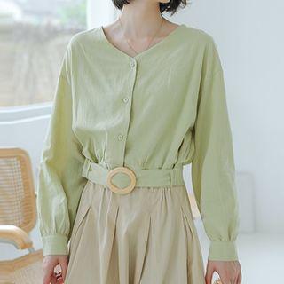 Tie-waist V-neck Blouse Green - One Size