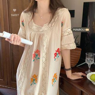 Lace Panel Floral Midi A-line Dress Floral - Almond - One Size