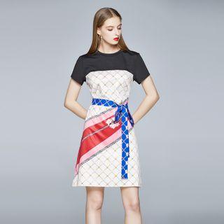 Short-sleeve Printed Color Block A-line Mini Dress