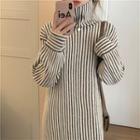 Turtleneck Striped Midi Sweater Dress Stripes - Black & White - One Size