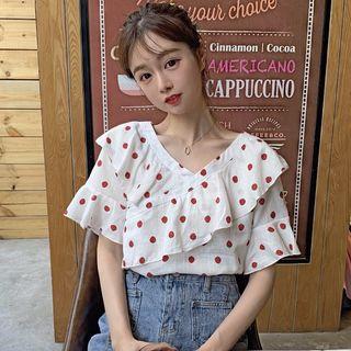 Short-sleeve Polka Dot Ruffle Blouse