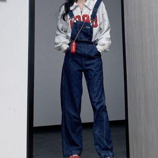 Zip-up Lettering Sweatshirt / Loose Fit Plain Overalls