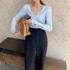 Long-sleeve V-neck Knit Top / Wide-leg Pants