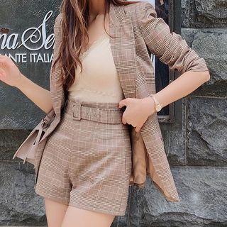 Set Of 2: Plaid Long-sleeve Blazer + Plaid Shorts
