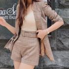 Set Of 2: Plaid Long-sleeve Blazer + Plaid Shorts