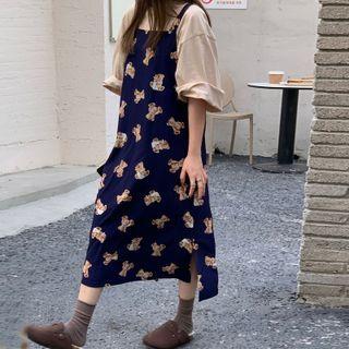 Wide Strap Bear Print Midi A-line Dress Navy Blue - One Size