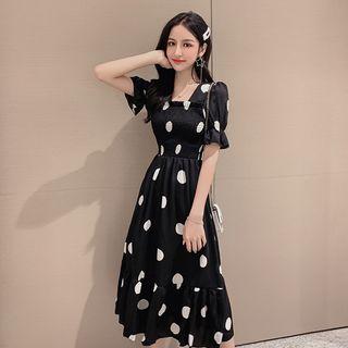 Bell-sleeve Ruffled Polka Dot Chiffon Dress