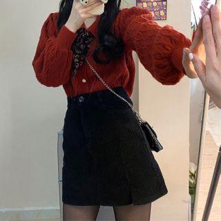 Tie Neck Cardigan / Mini Fitted Skirt