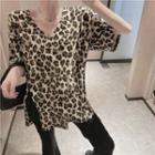 Elbow-sleeve Leopard Print Slit-hem T-shirt / Boot-cut Pants