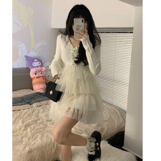 Layered Mesh Panel Mini A-line Dress Milky White - One Size