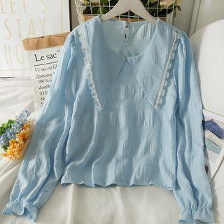Mesh Pearl-trim Sailor-collar Loose Blouse